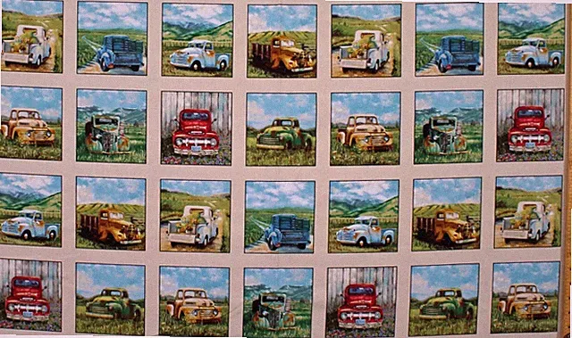 23.5" X 44" Panel Vintage Trucks Vehicles Cream Cotton Fabric Panel D767.49