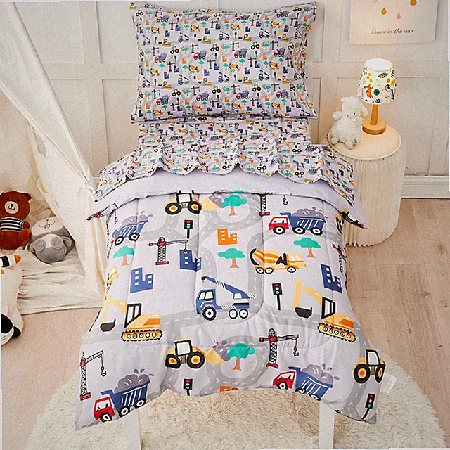 4 PCS Boys Construction Toddler Bedding Set, Excavator, Cars, Comforter, Micro