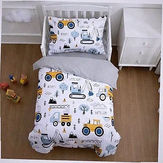 4 Pieces Construction Bedding Set for Baby Boys,Tree Truck Toddler Grey Blue