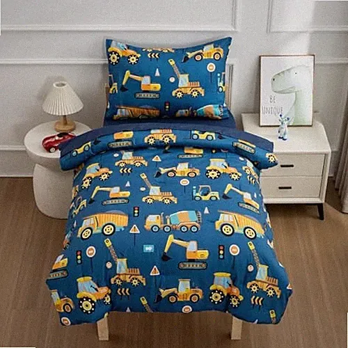 4 Pieces Traffic Construction Toddler Bedding Set for Baby Navy Blue