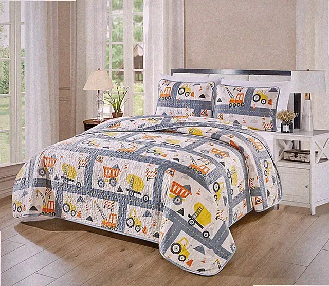 Bedspread Set /Teens Construction Crane Vehicles Work Trucks Tractor Concrete...