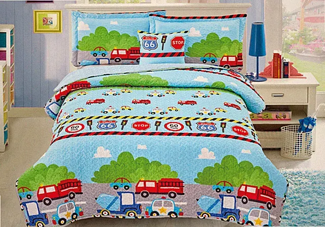 Blue Trucker 4 Pcs Twin / Full Size Kids Boys Girls Quilt/ Shams/ Cushion Set