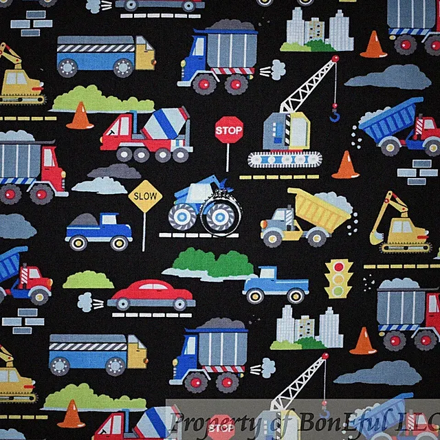 BonEful FABRIC FQ Cotton Quilt Black Rainbow Construction Vehicles Truck Boy Kid
