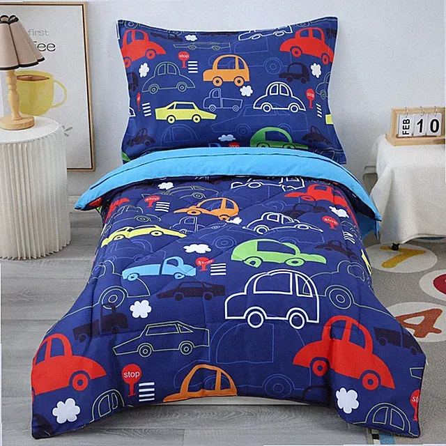 Car Toddler Bedding Sets for Boys 4 Piece Blue Vehicle Kids Toddler Bed Sheet...