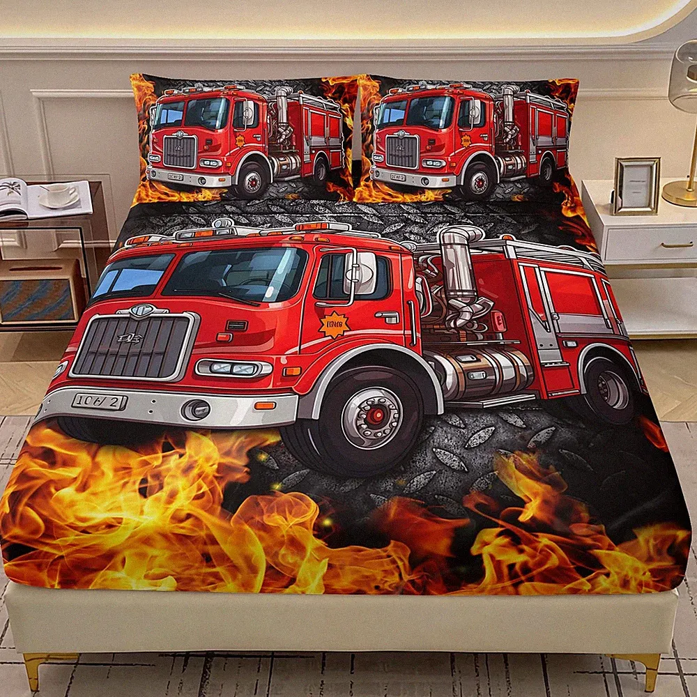 Cartoon Red Fire Truck Fitted Set Twin Size, Fire Rescue Car Bedding Set for...