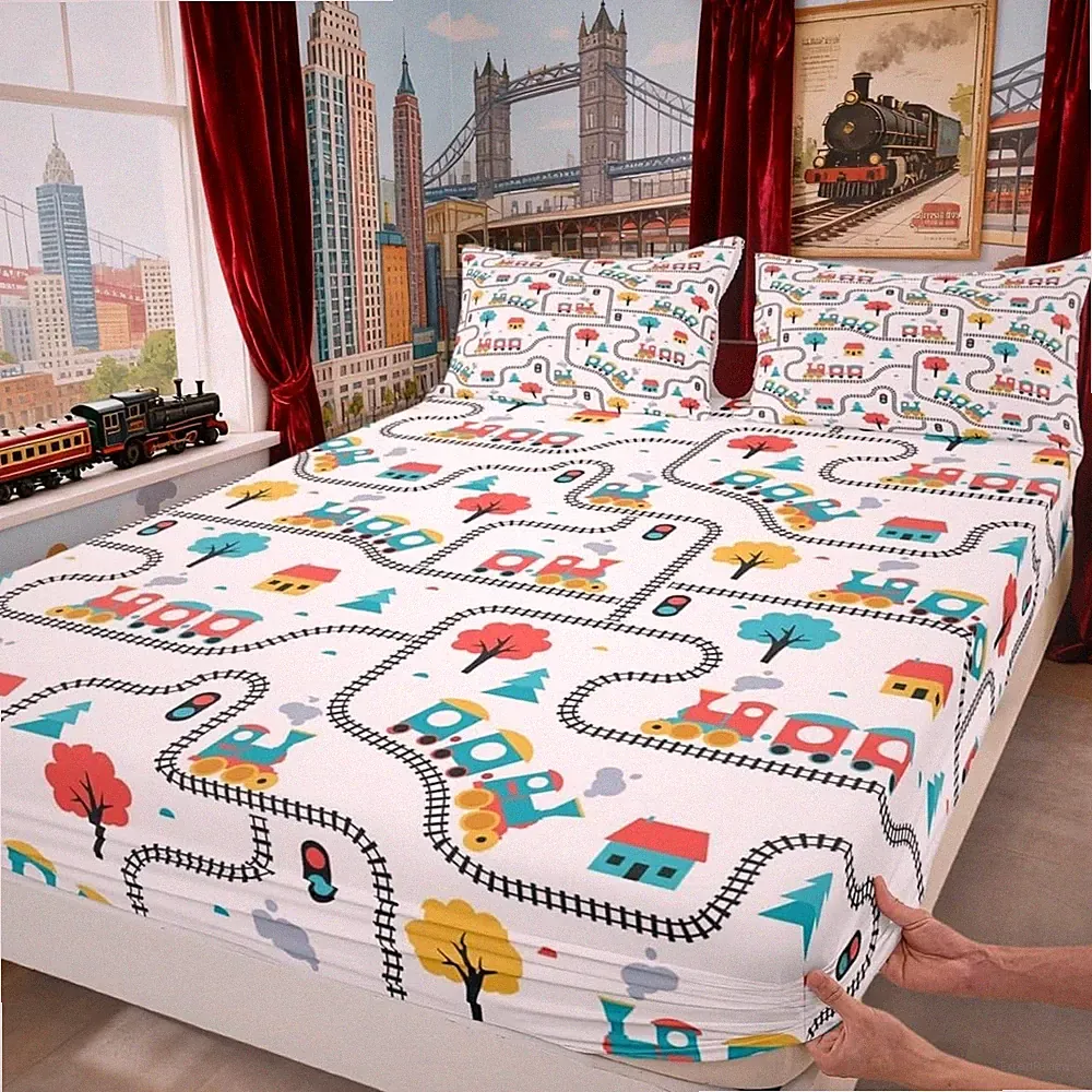 Cartoon Train Kids Fitted Sheet Full Size,Cute Choochoo Vehicles Bedding Set,...