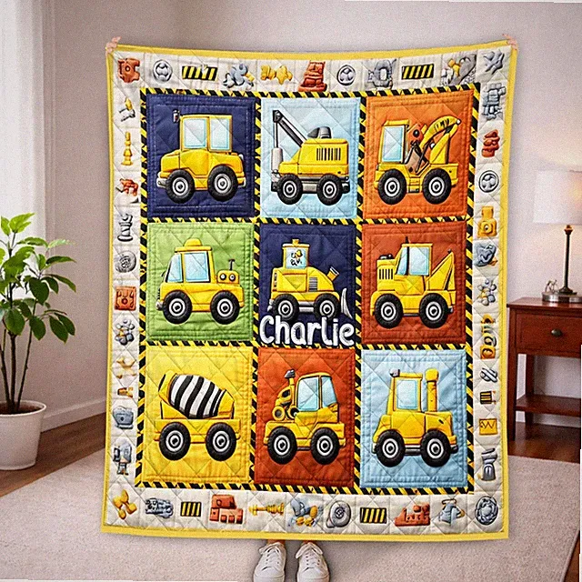 Custom Construction Vehicles Quilted Blanket Truck Theme Cozy Throw Boy Gift