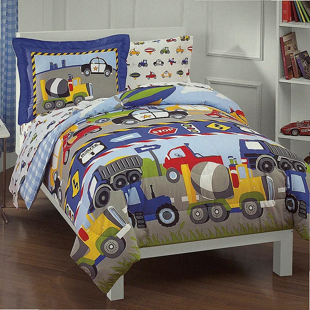 dream FACTORY Trucks Tractors Cars Boys 5-Piece Bedding Kids Construction Com...