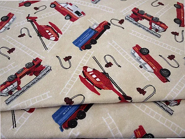 Flannel Fabric Helicopter Emergency Vehicles Beige Red 2 1/2 X 42”