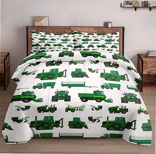 Full Size Comforter Set with 2 Pillowcases, Yellow Farm Tractor Green Vehicle...