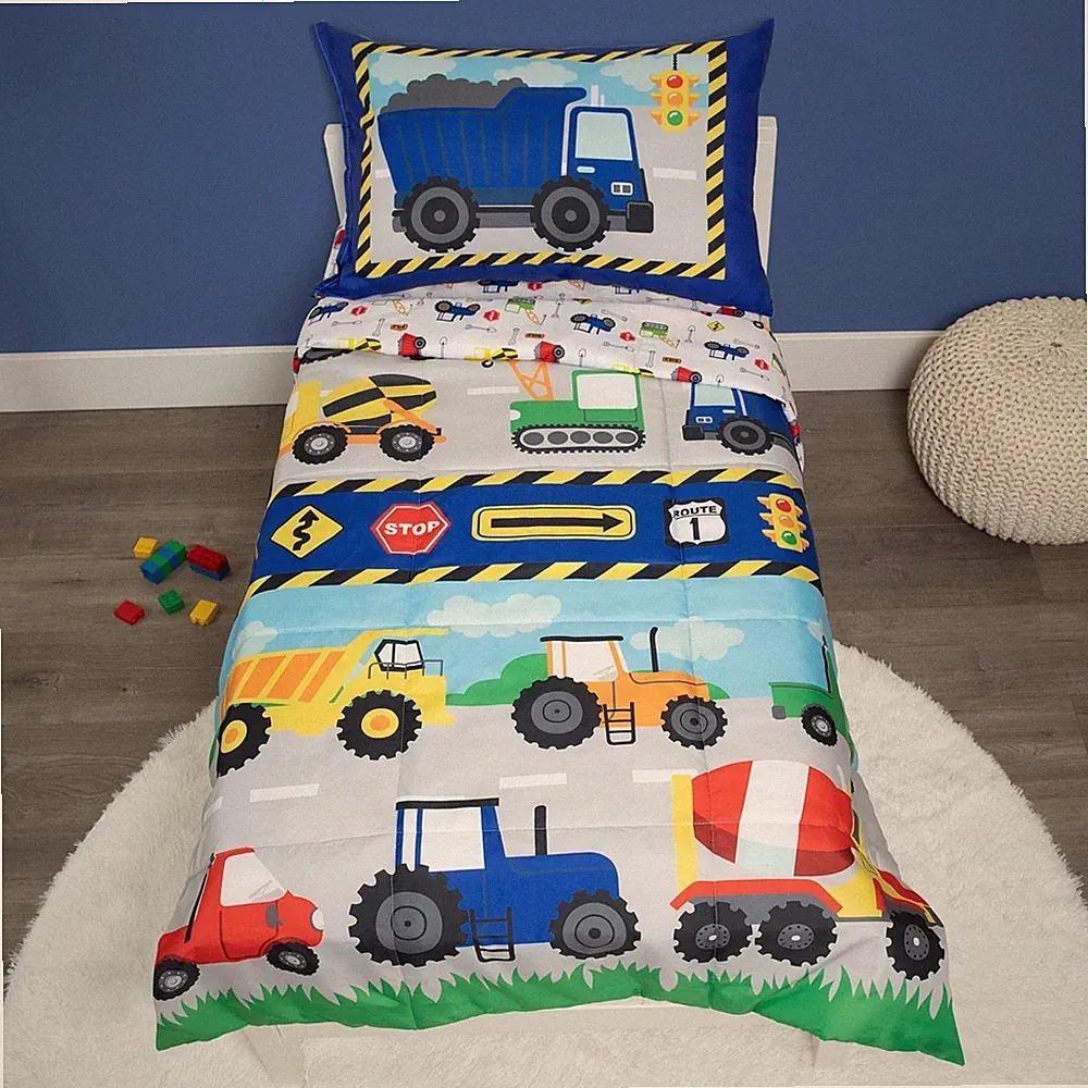 Funhouse Construction Area 4 Piece Bedding Set, Trucks – Includes Comforter,...