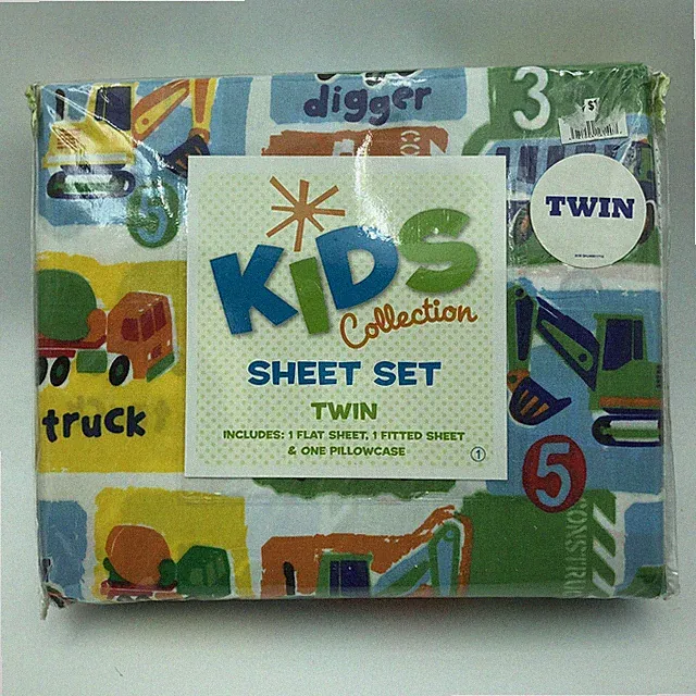Kids TWIN 3 PC Soft Sheet Set Construction Trucks Heavy Equipment Bedding NEW