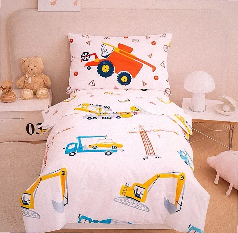 NEW- Perfemet 4 Piece Construction Toddler Bedding Set Excavator Truck Boy