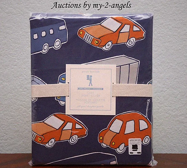 NEW Pottery Barn Kid ORGANIC CARS Full/Queen F/Q Duvet Cover NAVY ORANGE vintage