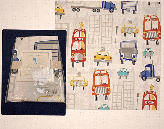 NEW Pottery Barn Kids Autos 100% Cotton Pillowcase Standard STD White Bus Taxi