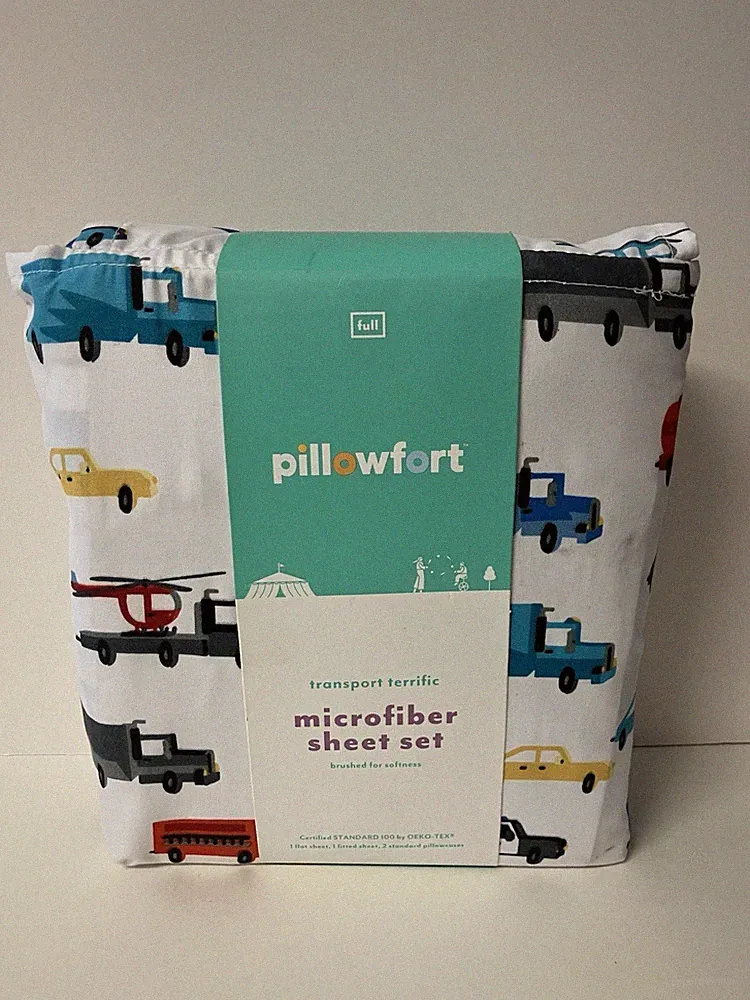 Pillowfort Sheet 4 Piece Set Colorful Trucks & Cars Full Size Microfiber NEW