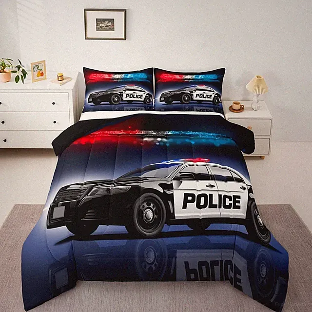 Police Car Kids Comforter Set, Queen Size Bedding & 2 Pillow Cases