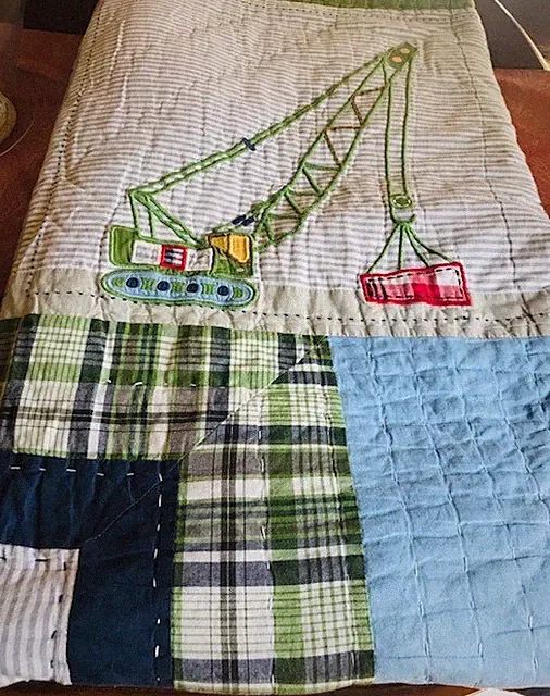 Pottery Barn Crane Quilt Blue Green Twin Construction Dump Truck Excavator Rare