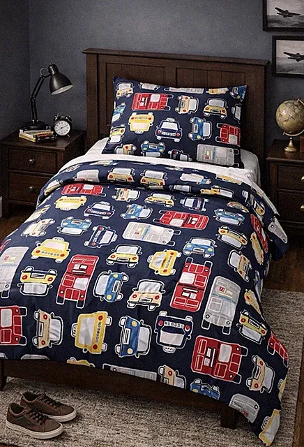 Pottery Barn Kids Cars Duvet Twin & Sham Blue Transportation Bus Taxi Bedding