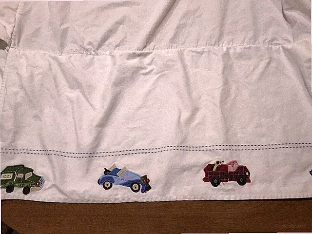 Pottery Barn Kids CARS TRUCKS Crib Bed Skirt Embroidered BedSkirt Dust Ruffle