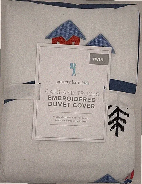 Pottery Barn Kids Chambray Embroidered Transportation Cars Trucks TWIN Duvet