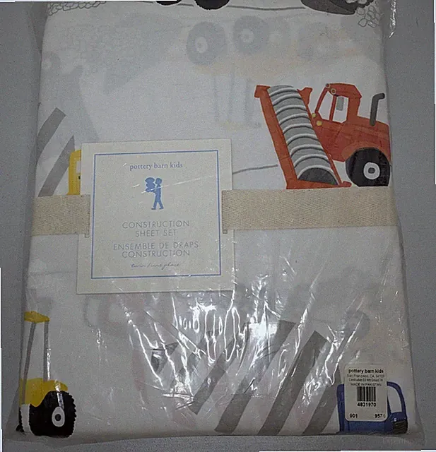 Pottery Barn Kids Colorful Construction Vehicles 3pc Twin Sheet Set White