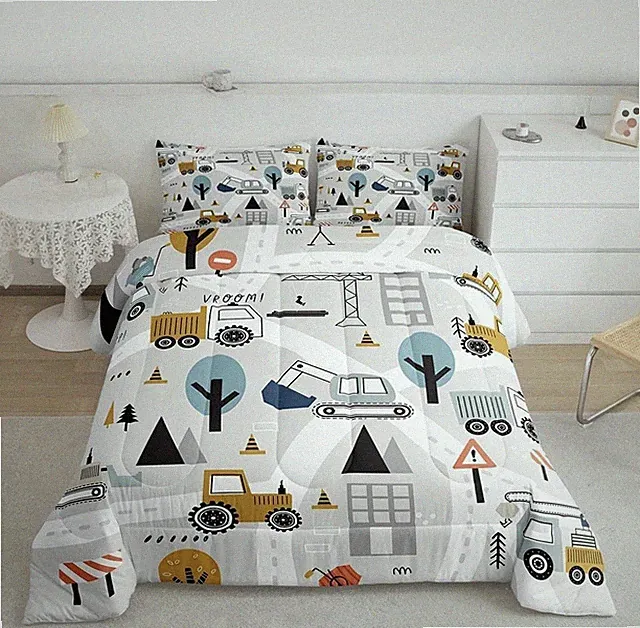 QUEEN 3 Pieces Construction Bedding Set Tree Vehicles Trucks NEW
