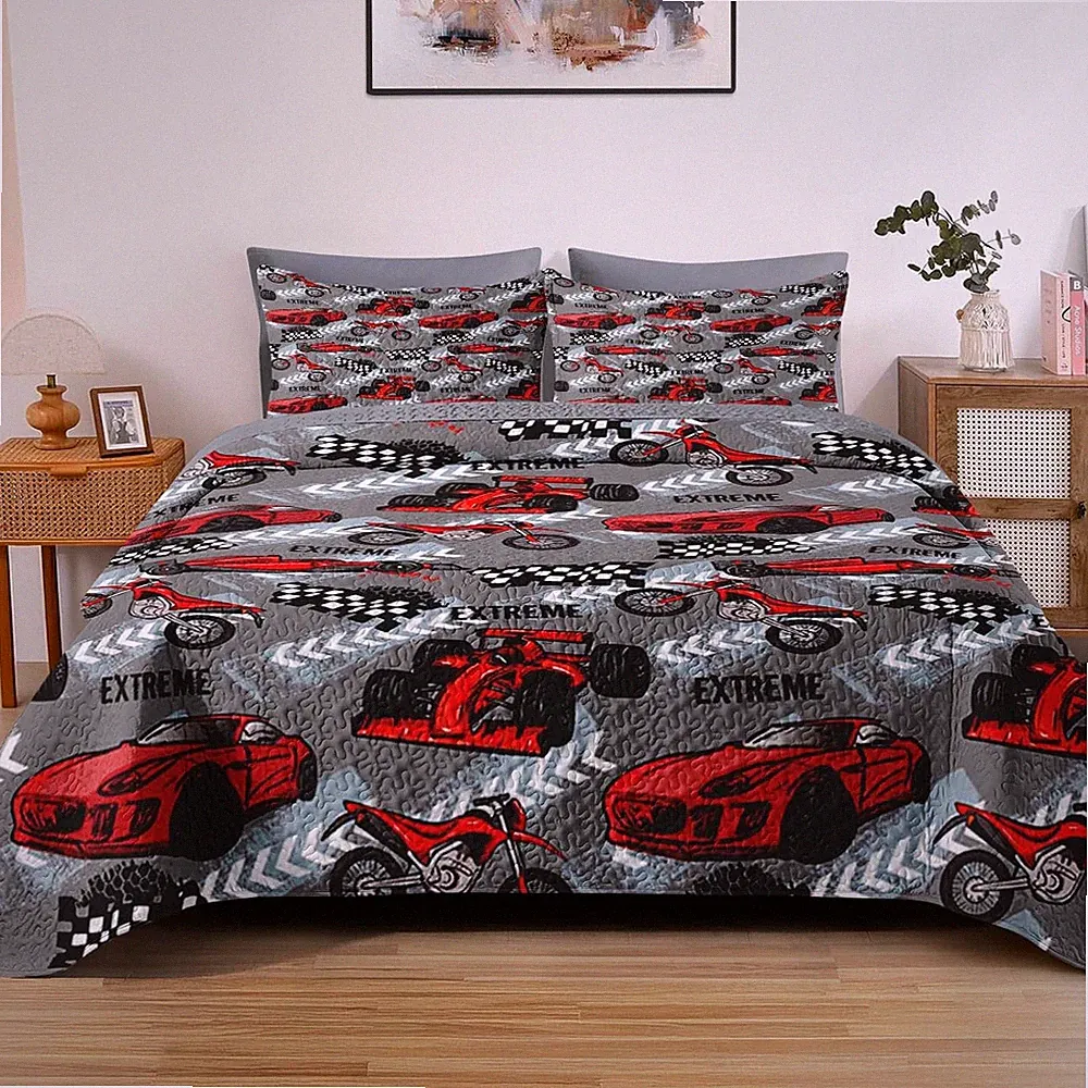 Quilt Set Full/Queen Size, Car Motorcycle Race 3 Pcs Soft Bed Cover Bedding Set