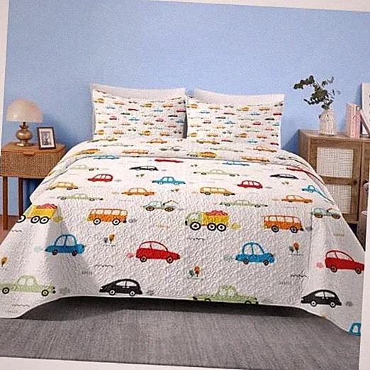 Quilt Set Size, Car Bus Vehicle 3 Pcs Soft Bed Cover Full/Queen Cartoon Car