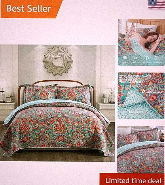 Reversible King Cotton Quilt Set with European Floral Design - Luxurious Comfort