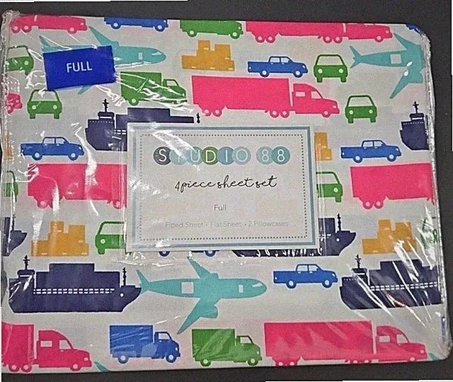STUDIO 88 Full Size Sheets Set Vehicles Cars Truck Children Boats Planes Kids