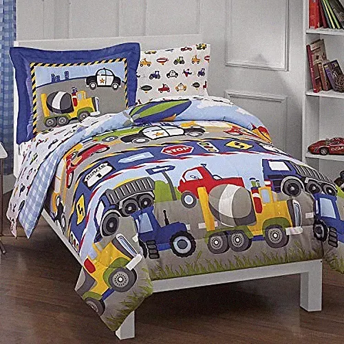 Trucks Tractors Cars Boys 5-Piece Bedding Kids Twin Blue Red Multi