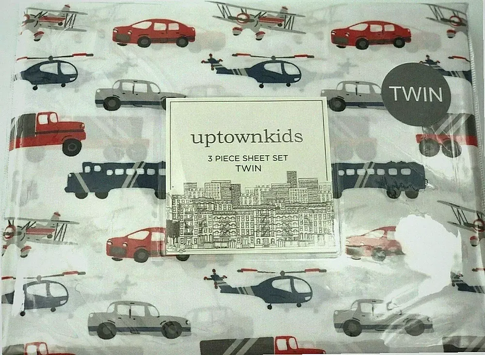 Uptown Kids 3 pc Vehicle TWIN Sheet Set Helicopter Airplane Train Taxi Car Truck