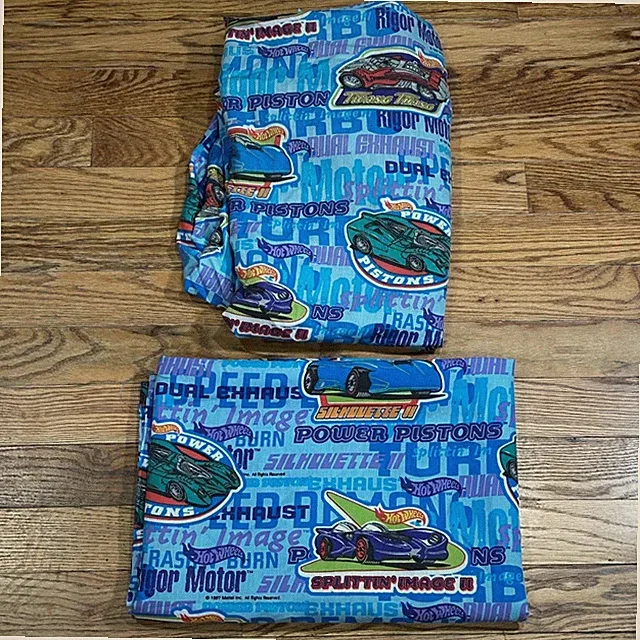Vintage 1997 Hot Wheels Twin Sheet Set Blue Racing Cars Mattel Springs USA Made